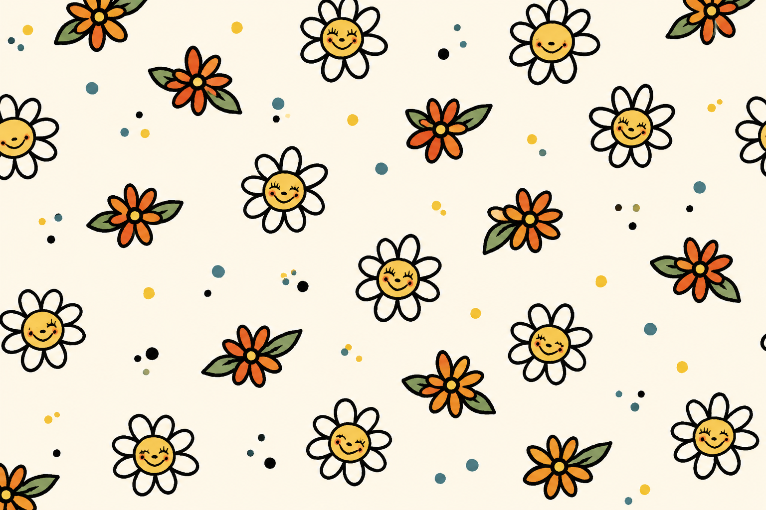 Pattern of cartoon daisies with smiling faces and cheeks, alternating between white and orange petals, with green leaves, on a light background with scattered small multicolored dots.