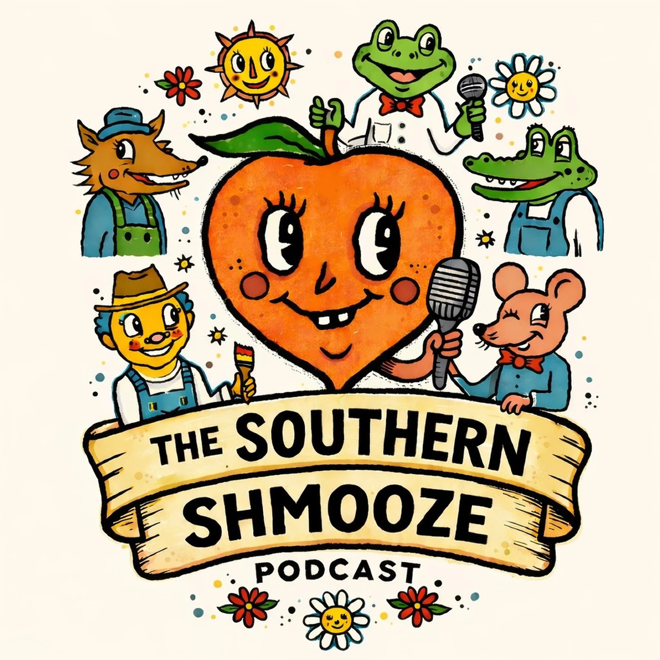Colorful illustration of various cartoon animals and characters around a large orange pumpkin with a smiling face and eyes, featuring a banner with the text 'The Southern Shmooze Podcast' below.