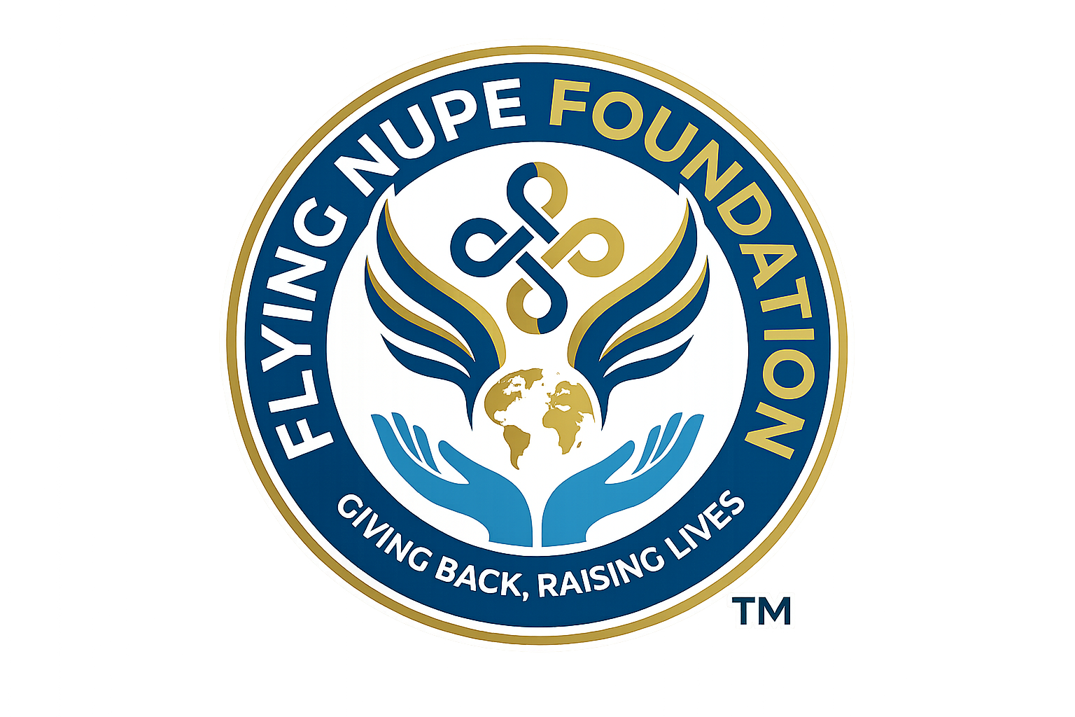 Logo of the Flying Nvupe Foundation featuring a globe, wings, and hands with the tagline "Giving Back, Raising Lives."