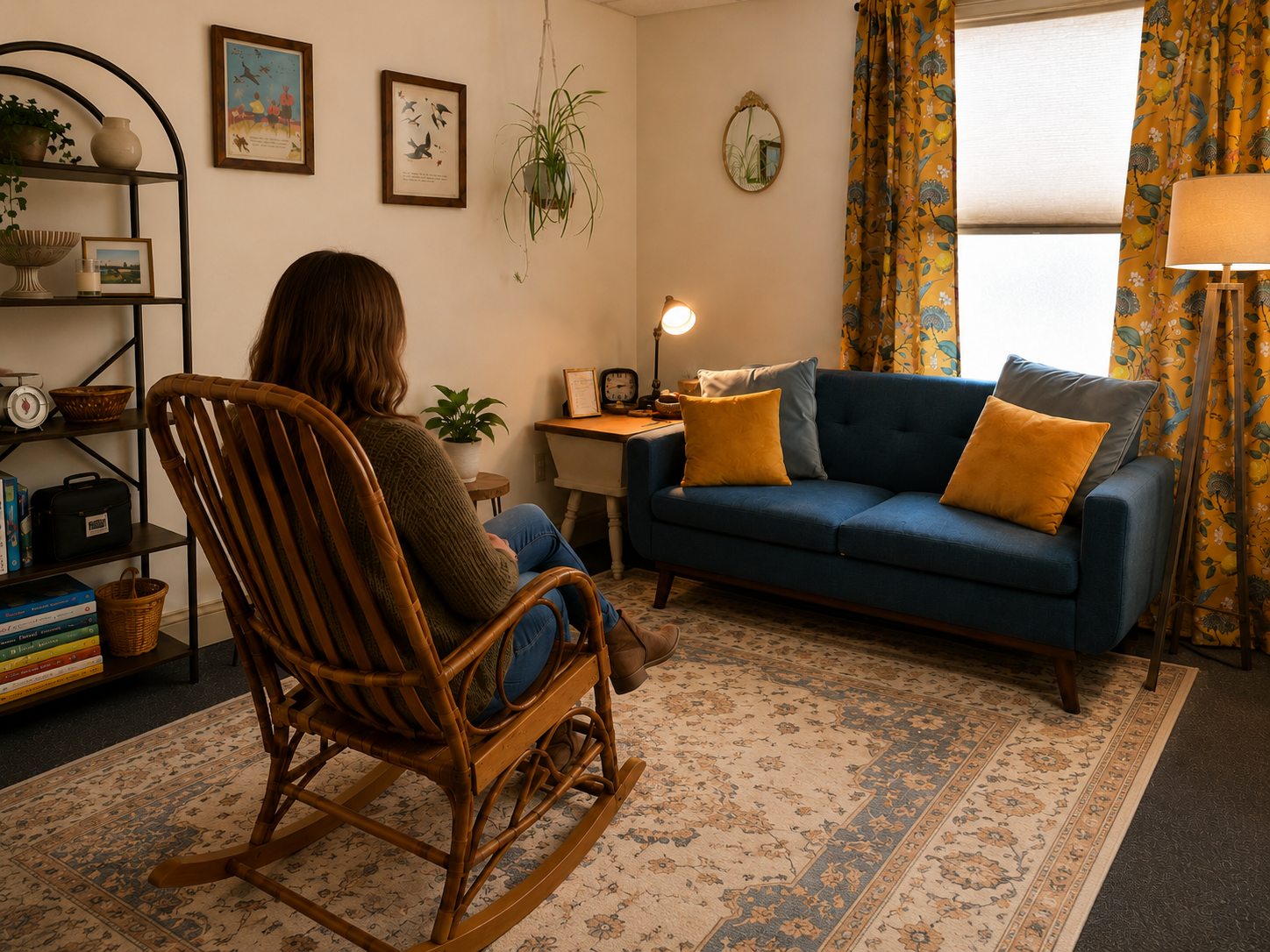 Melanie Bouchard sitting in a rocker in her cozy office at Wayfinder Counseling in Williston VT