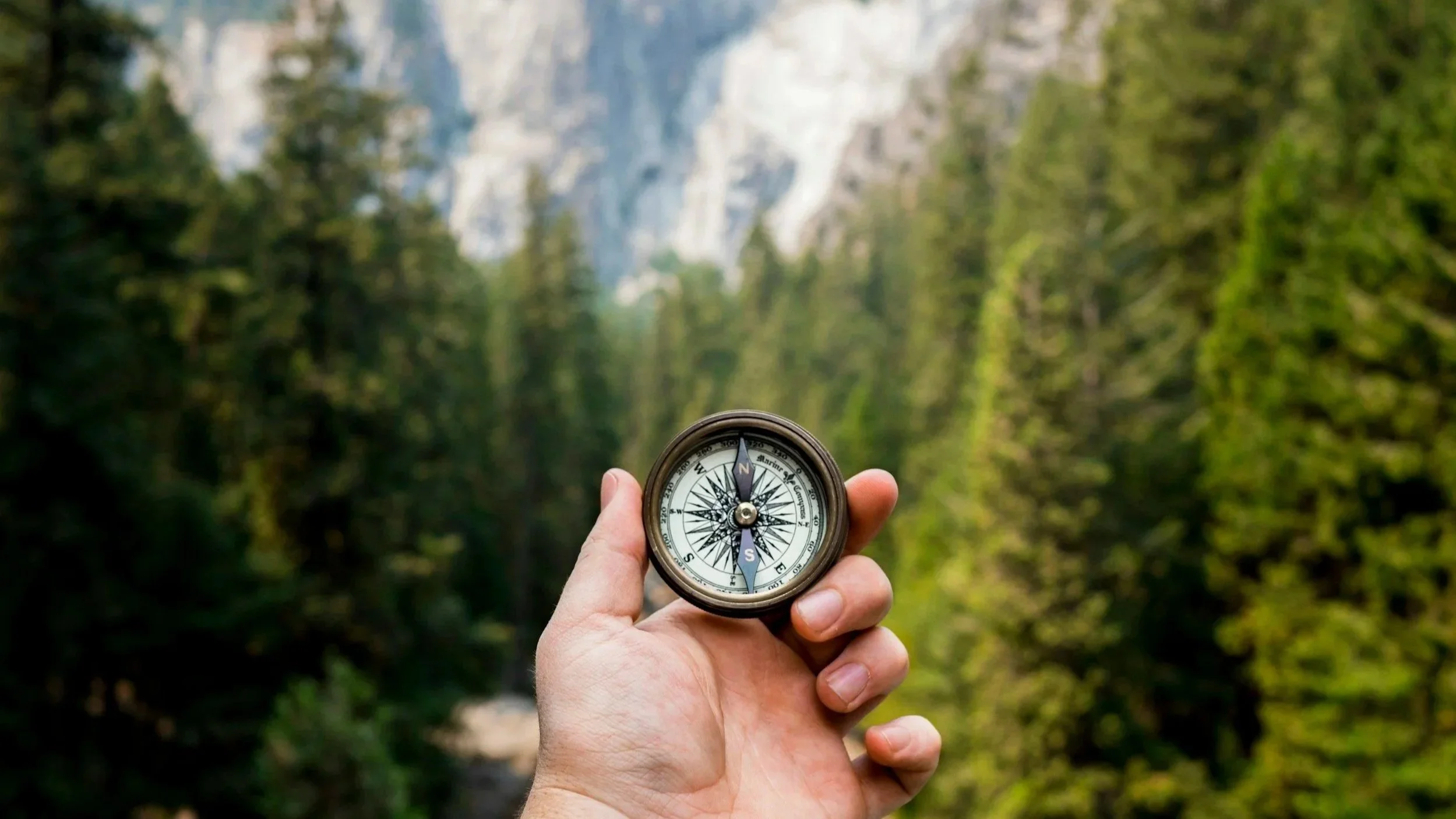 Brass compass being held by someone in the woods