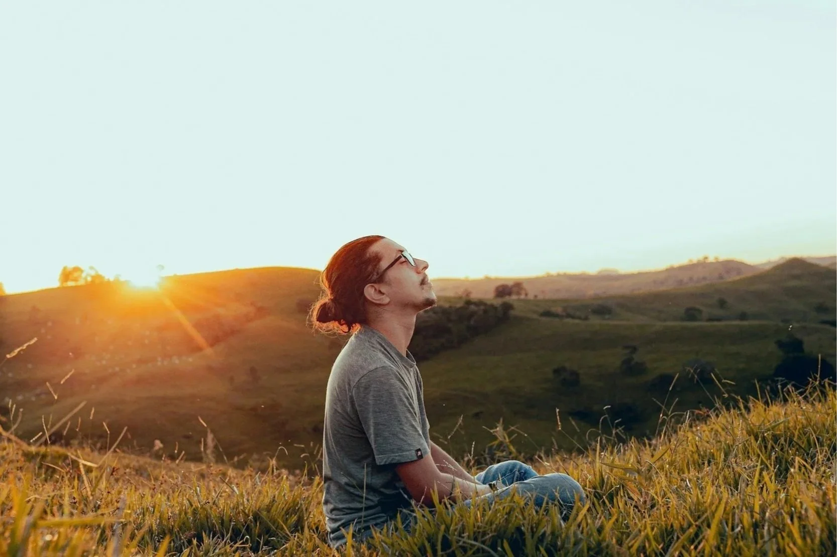 person in a field looking at the sky