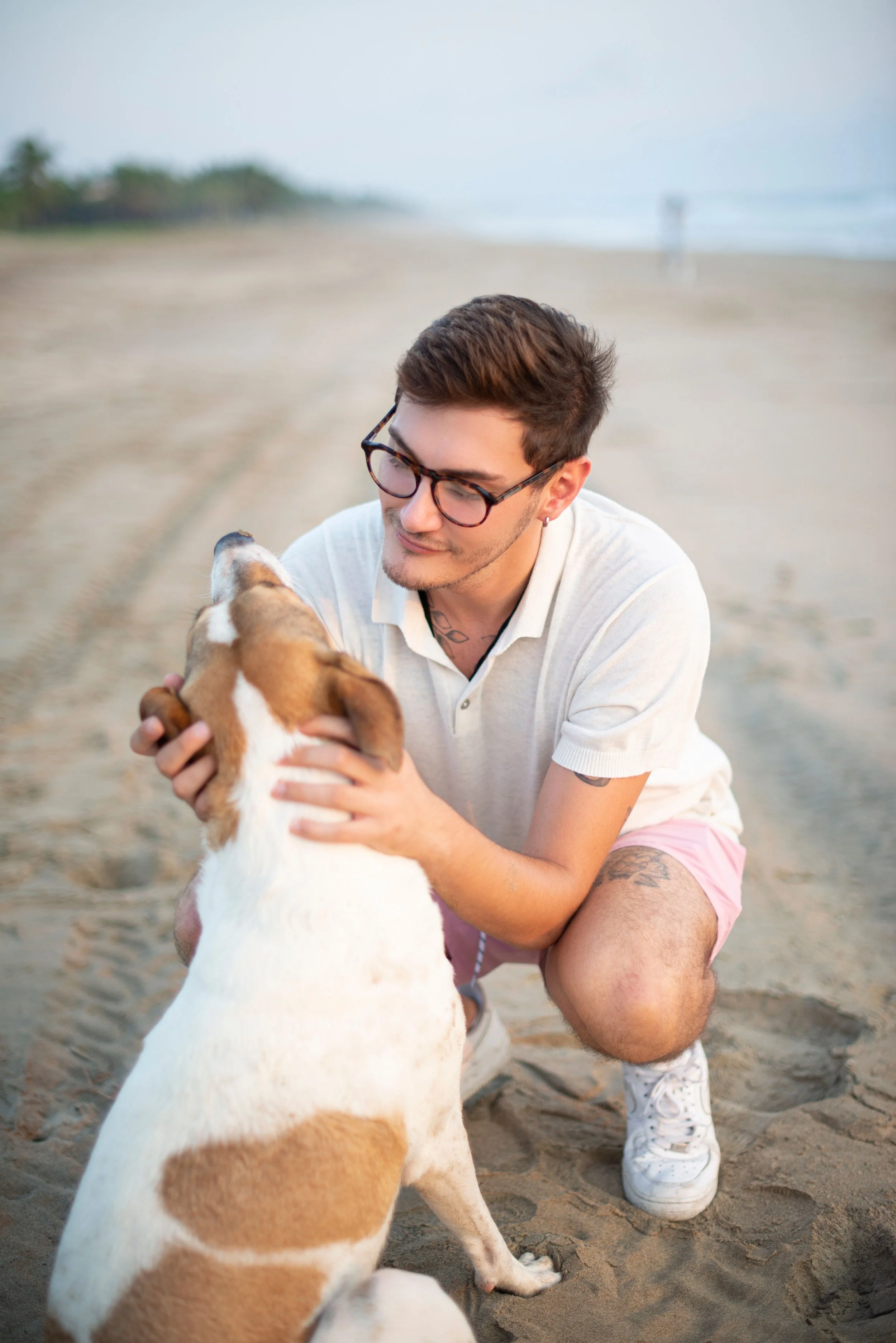 man petting a dog on the beach