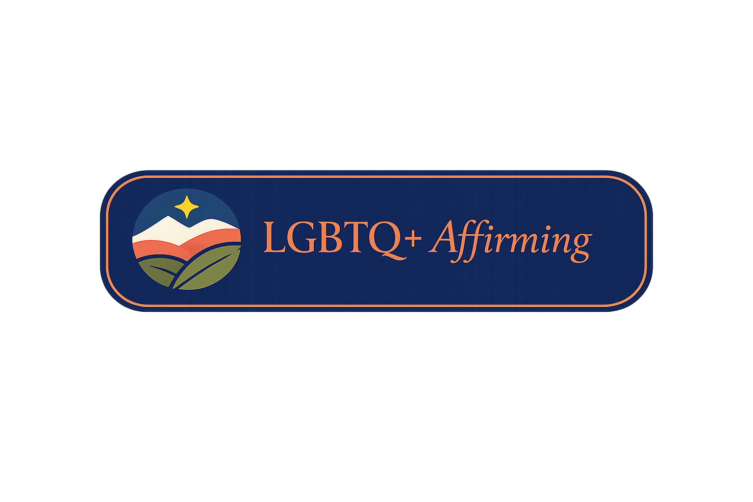 Sign with the LGBTQ+ Affirming logo, featuring a mountain, a star, and abstract land and sky with the text "LGBTQ+ Affirming".