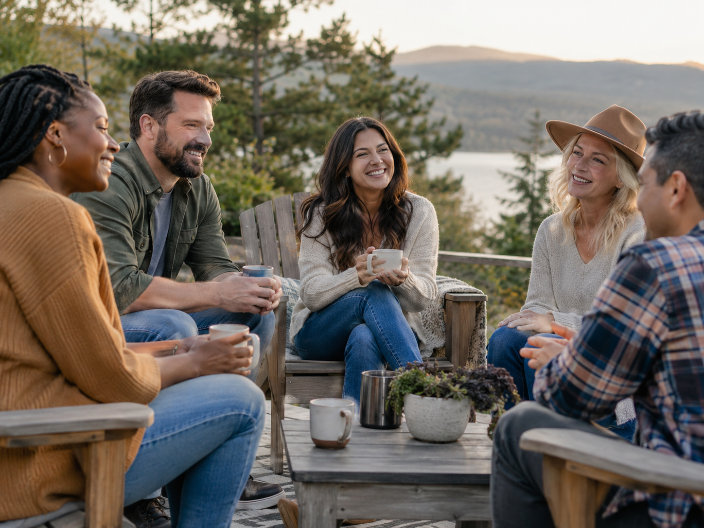 people sitting outdoors with coffee talking