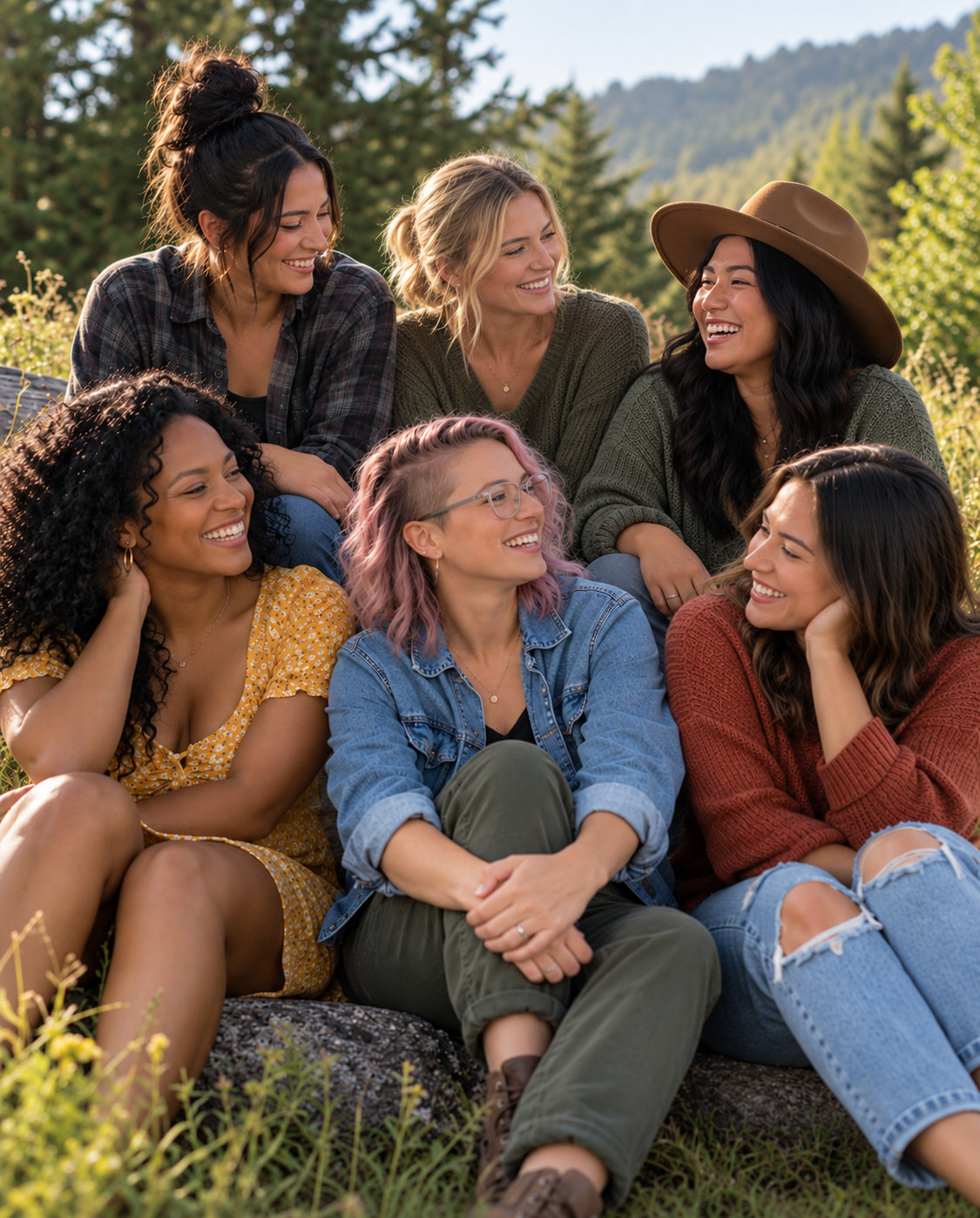 Six Women Laughing in a Mountain Meadow