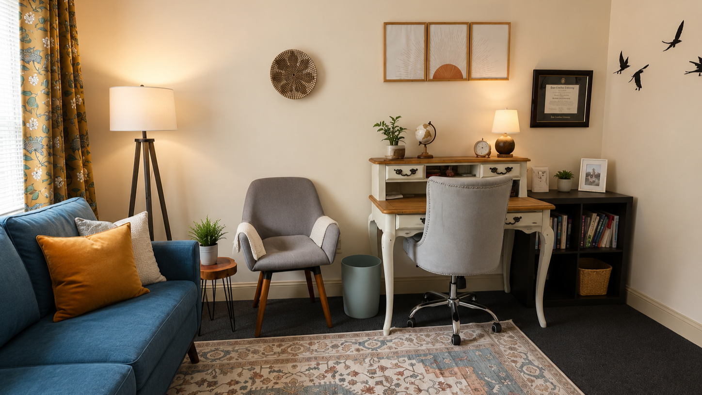 Melanie Bouchard's desk and chair  at Wayfinder Counseling in Williston VT