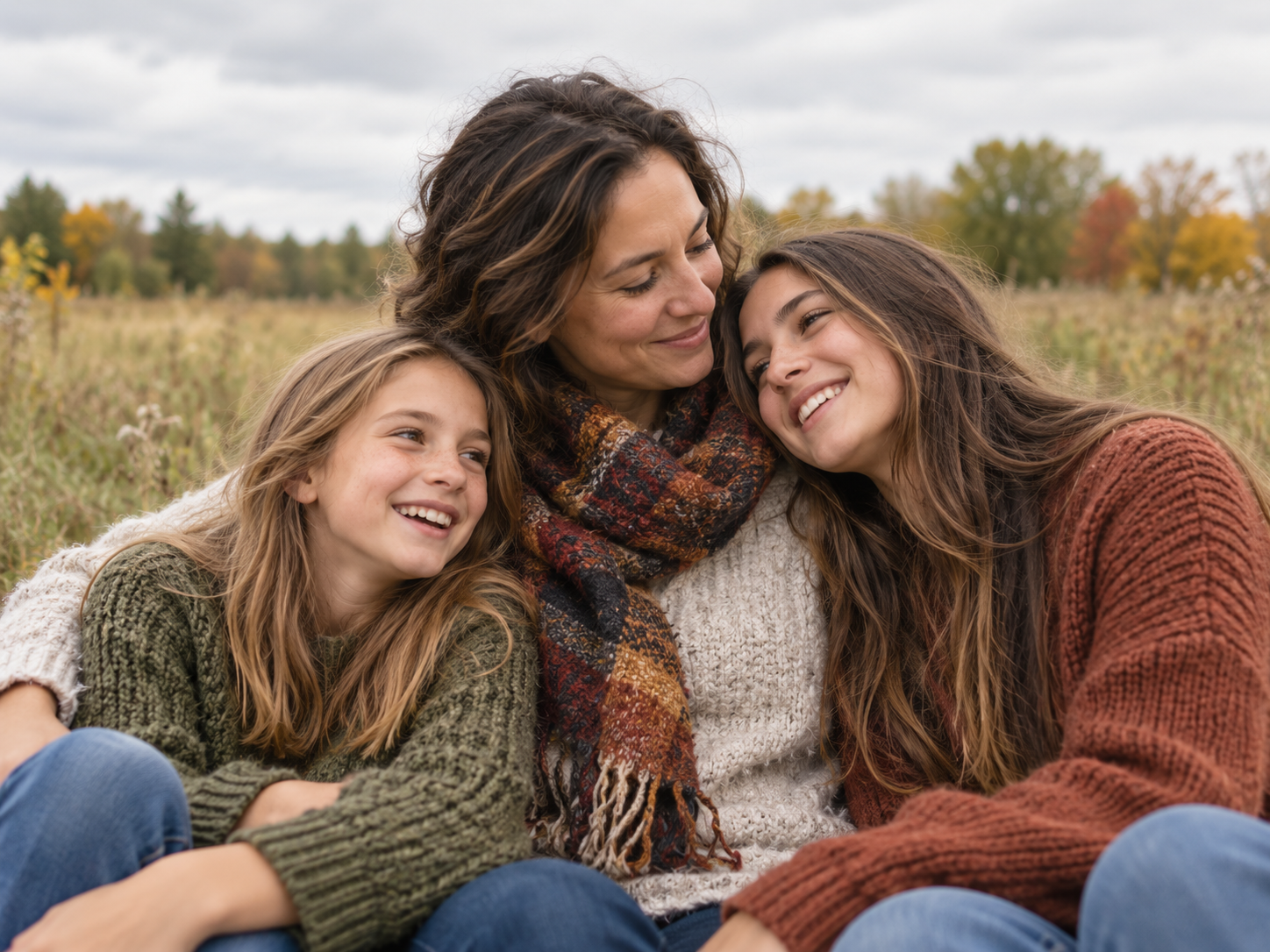 Mother embracing her teen and preteen daughters outdoors