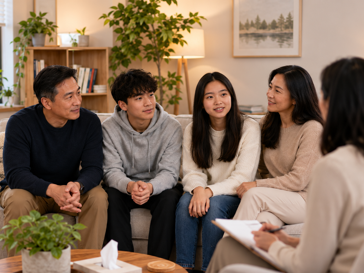 Warm family counseling session with an Asian family: Mom Dad Son and Daughter
