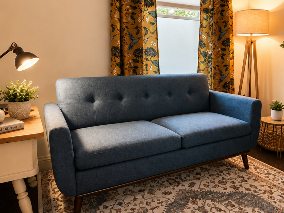 Wayfinder Counseling office's comfy blue couch