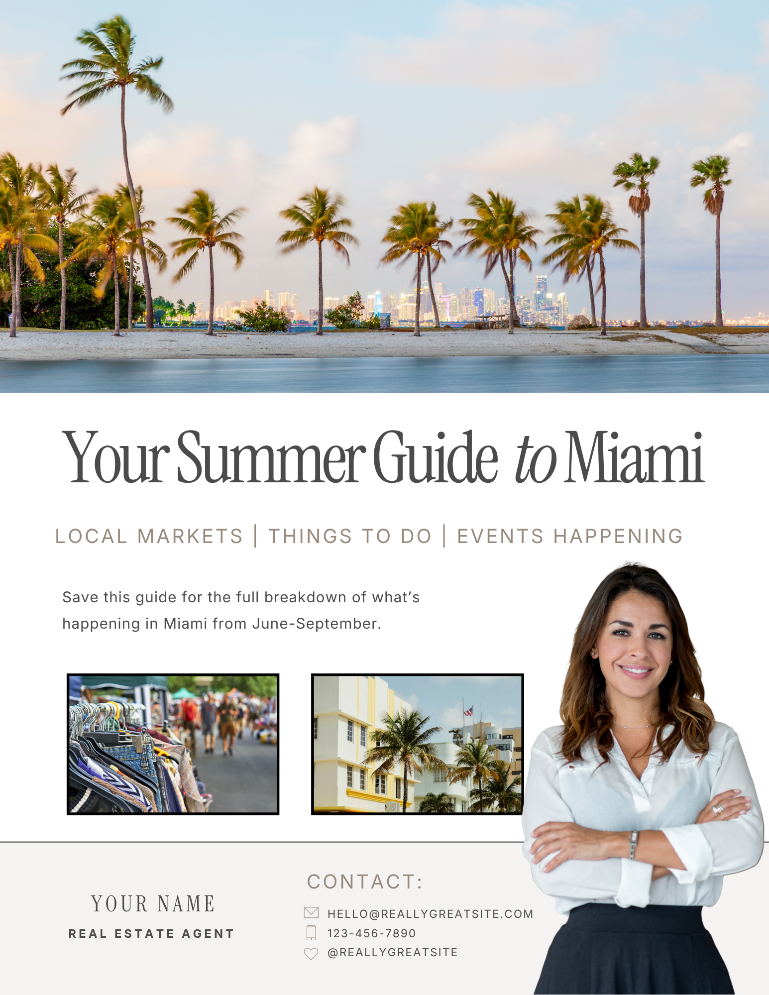 A woman with brown hair and a white blouse smiling with arms crossed, standing in front of a flyer titled 'Your Summer Guide to Miami' featuring images of palm trees, a city skyline, and a marketplace, with contact information for a real estate agent.
