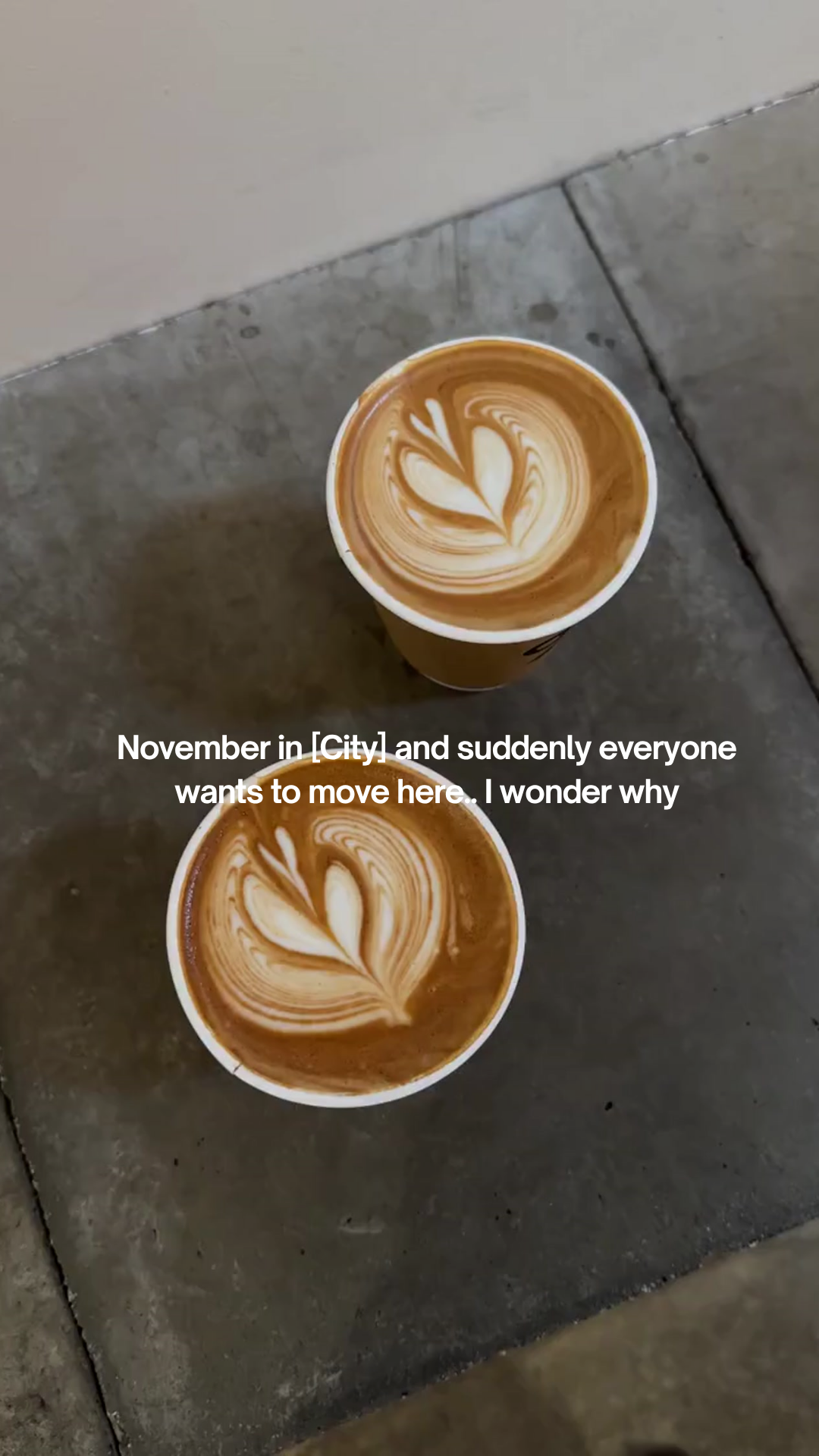 Two takeaway lattes with leaf-shaped latte art on a concrete table, overlaid with text about November in a city.