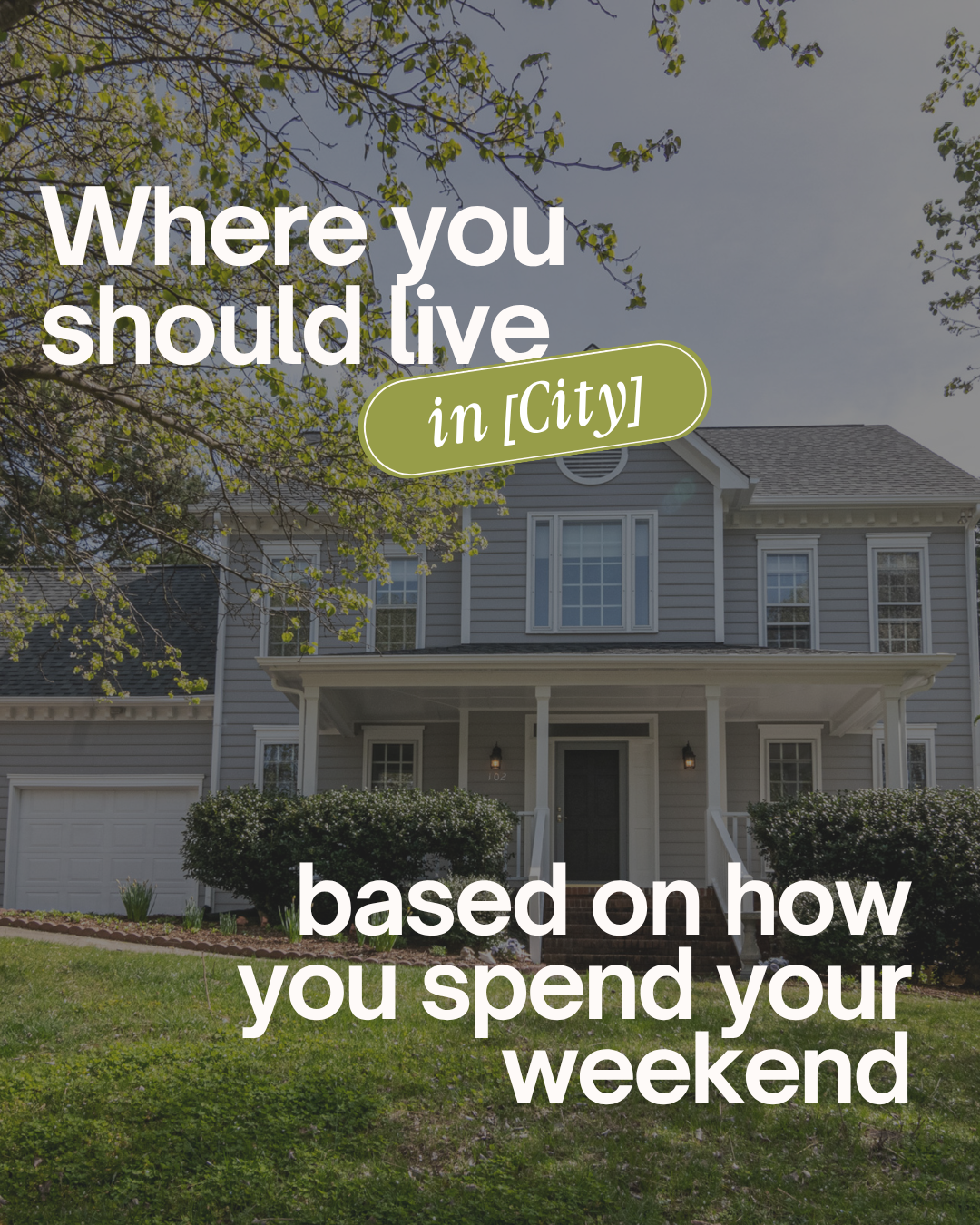 Gray suburban house with a front porch and garage beneath leafy trees, overlaid with text: “Where you should live in [City] based on how you spend your weekend.”