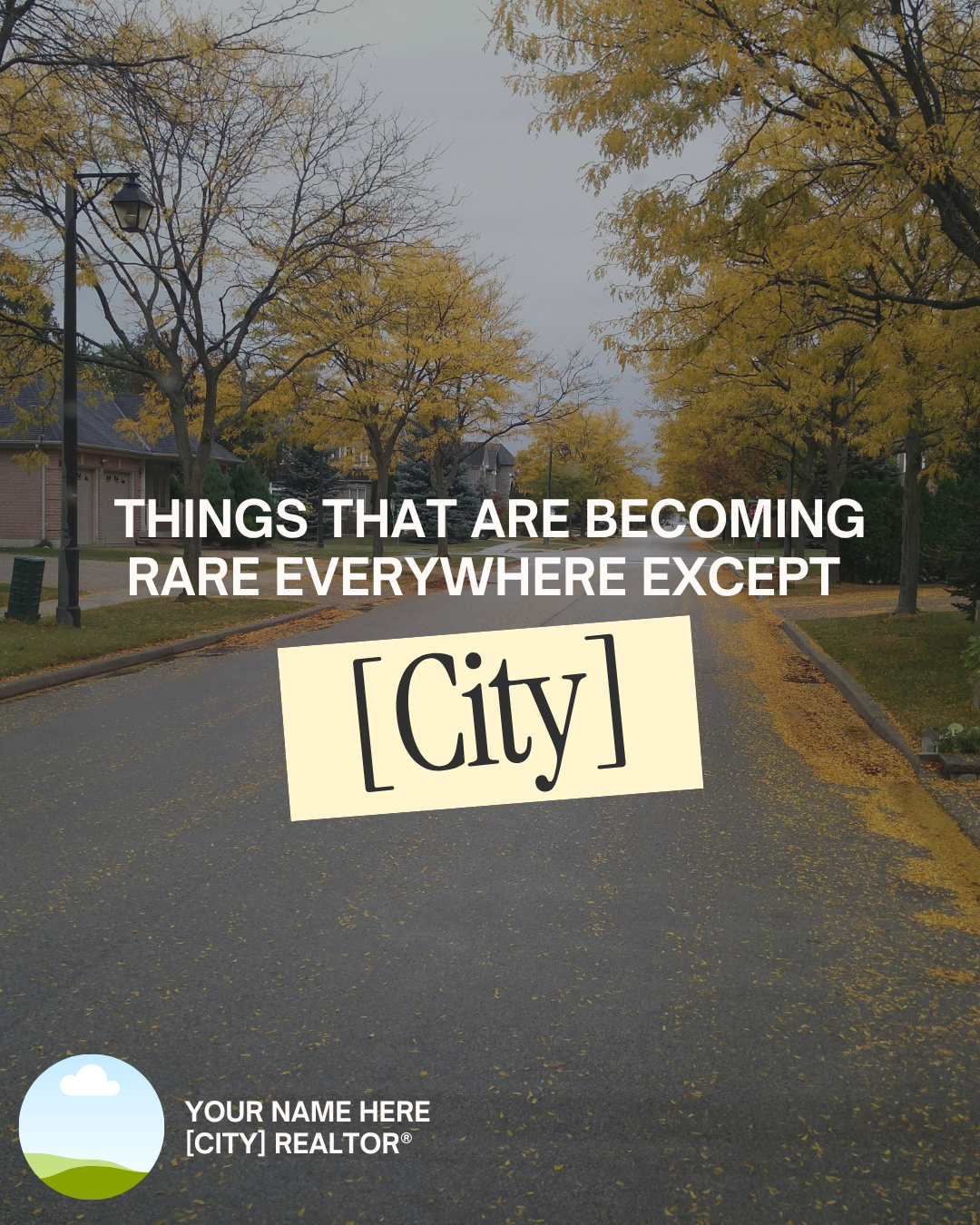Autumn residential street lined with yellow-leaved trees and vintage streetlamps, overlaid with text about things becoming rare outside the city.
