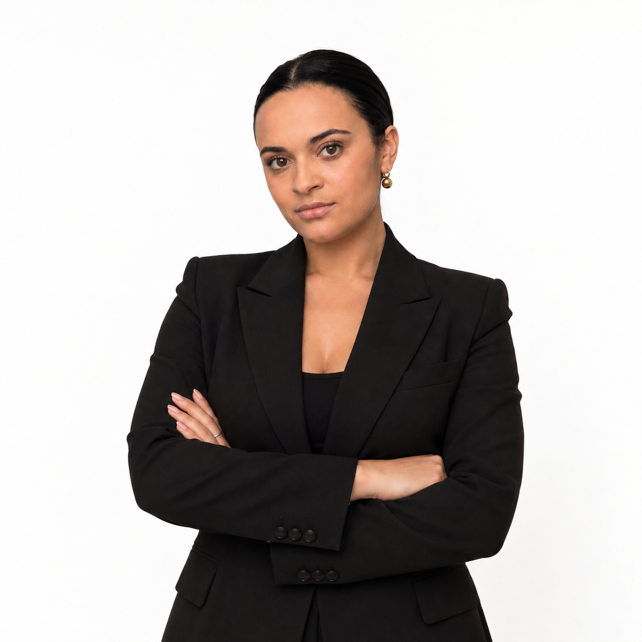 Portrait of a confident woman with crossed arms, wearing a black blazer and earrings, against a white background.