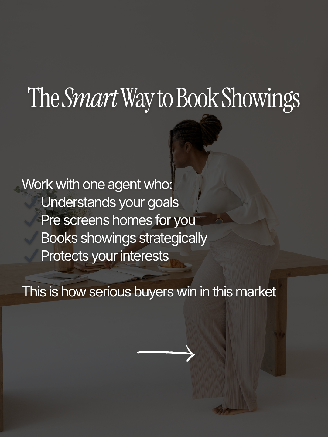 An advertisement for a book showing service, featuring a woman standing next to a wooden table with a notebook, croissants, and a cup. The text highlights the benefits of working with a single agent to book shows, emphasizing strategic planning and protecting interests.