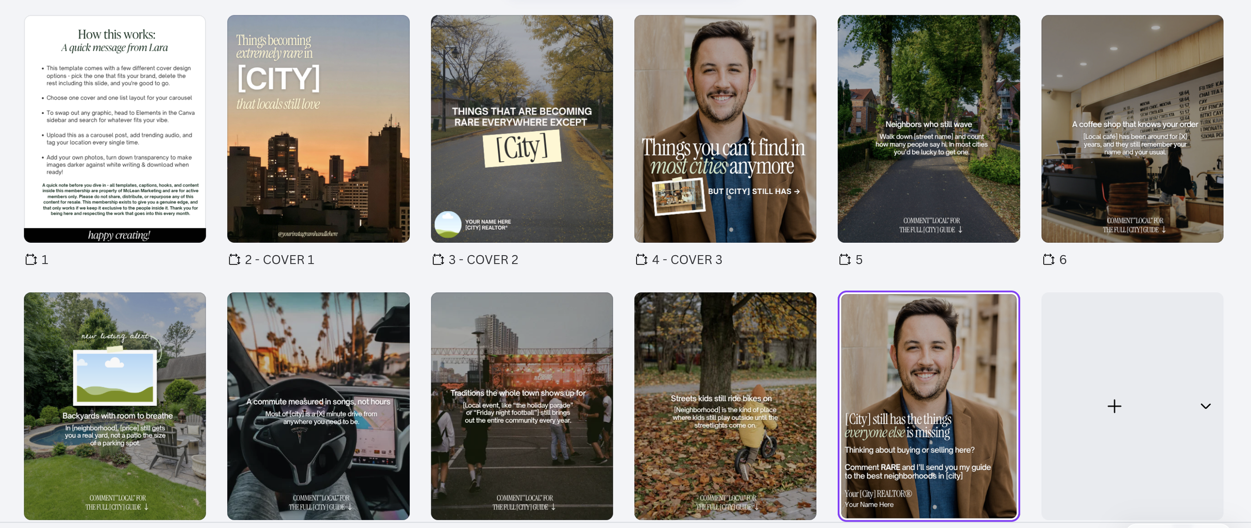 Canva carousel template for a real estate city guide, featuring cover designs and slides about local neighborhoods, coffee shops, backyards, commuting, community traditions, and children riding bikes.