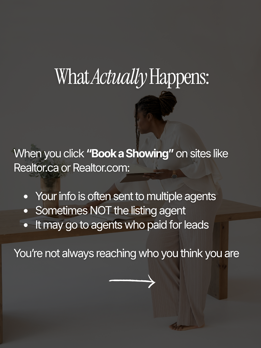 Informational graphic about the realities of booking home showings. It explains that when clicking 'Book a Showing' on real estate websites like Realtor.ca or Realtor.com, info is often sent to multiple agents, sometimes not the listing agent, and may end up with agents who paid for leads. Emphasizes that users are not always contacting who they think they are.