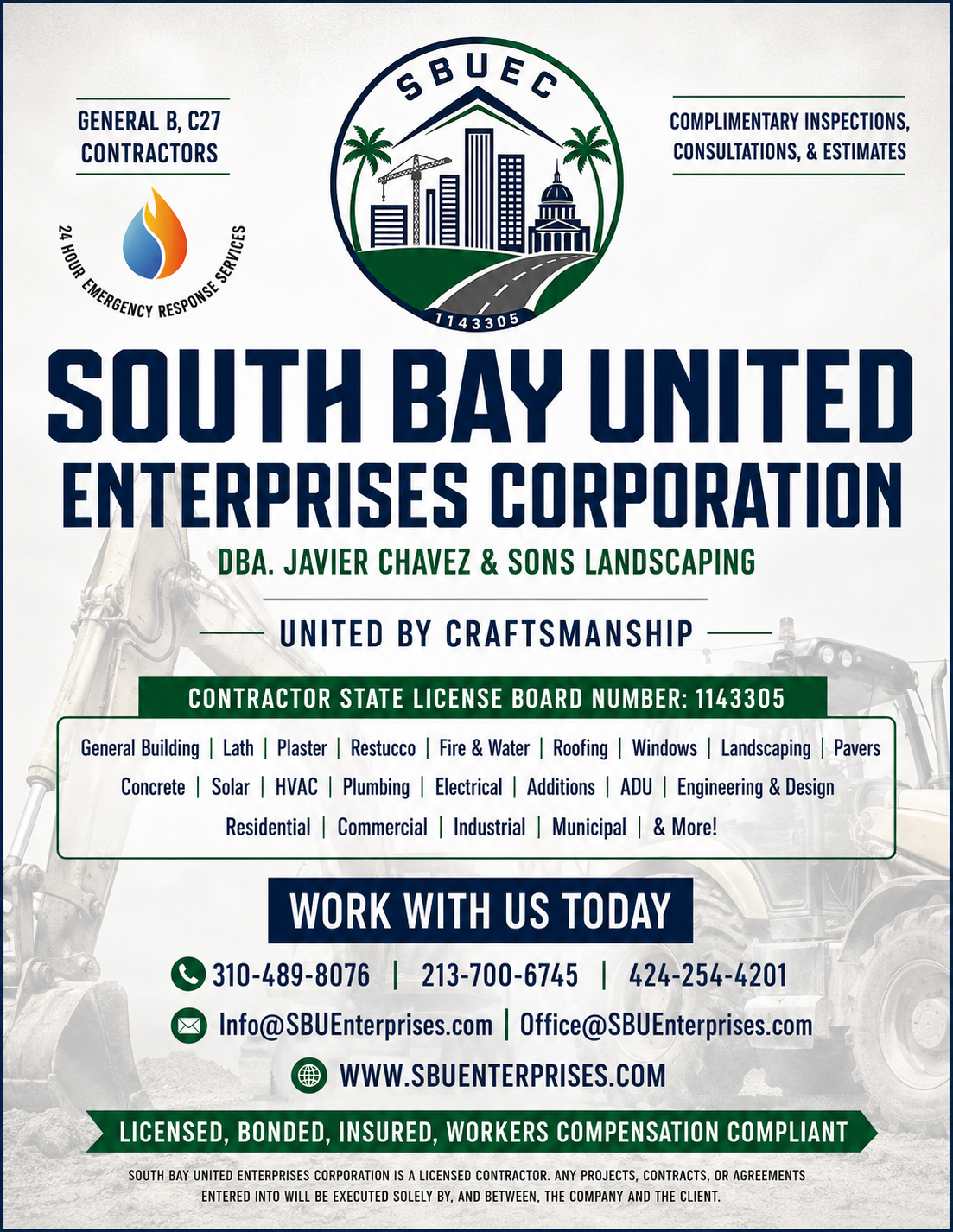 Construction company advertisement for South Bay United Enterprises Corporation, a licensed contractor offering services such as general building, landscaping, roofing, paving, concrete, solar, HVAC, plumbing, electrical, and more. The ad highlights their licensing, insured status, 24-hour emergency response, and contact information.