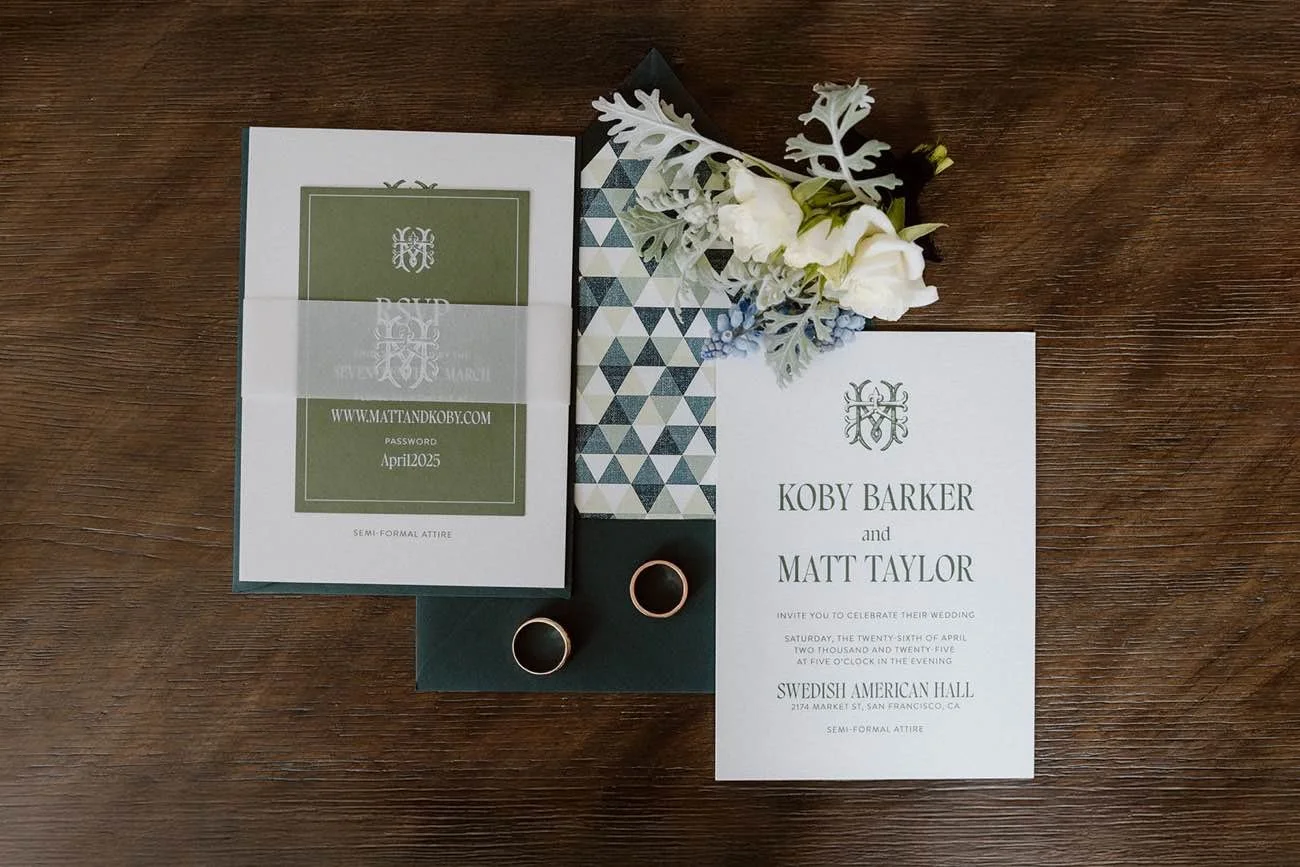 Wedding invitation suite and rings designed by Events by GS.