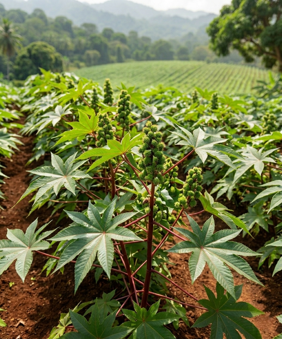 Close-up of a row of young papaya plants in a plantation with green foliage and farm fields in the background.