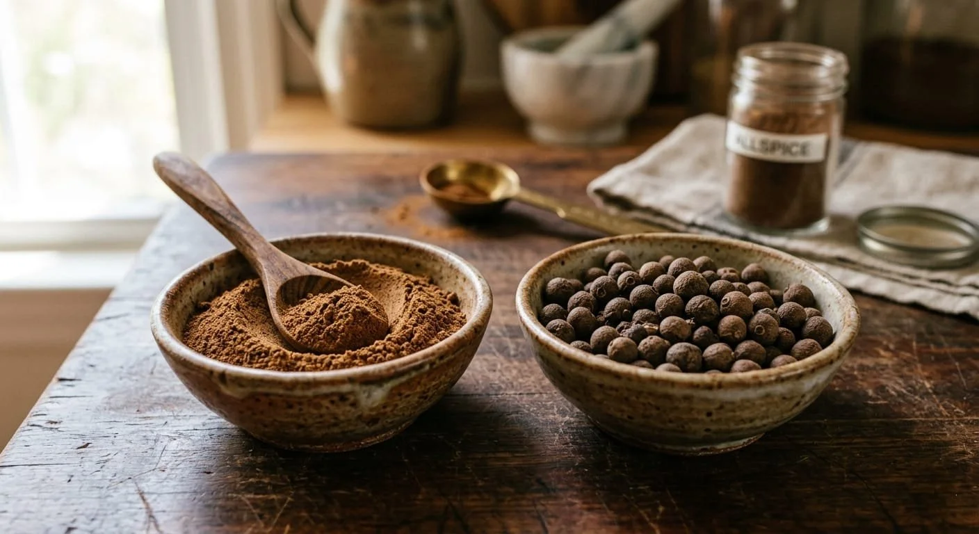 Two rustic bowls on a wooden table containing spices and herbs; one with brown powder and a wooden spoon, the other with dark whole peppercorns; in the background a jar of ground spice, a gold spoon, and bowls.