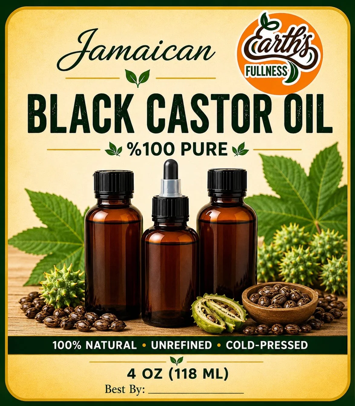 Label for Earth’s Fullness Jamaican Black Castor Oil, 4 oz (118 ml), with brown bottles, castor beans, and green leaves, highlighting natural, unrefined, cold-pressed, 100% pure ingredients.