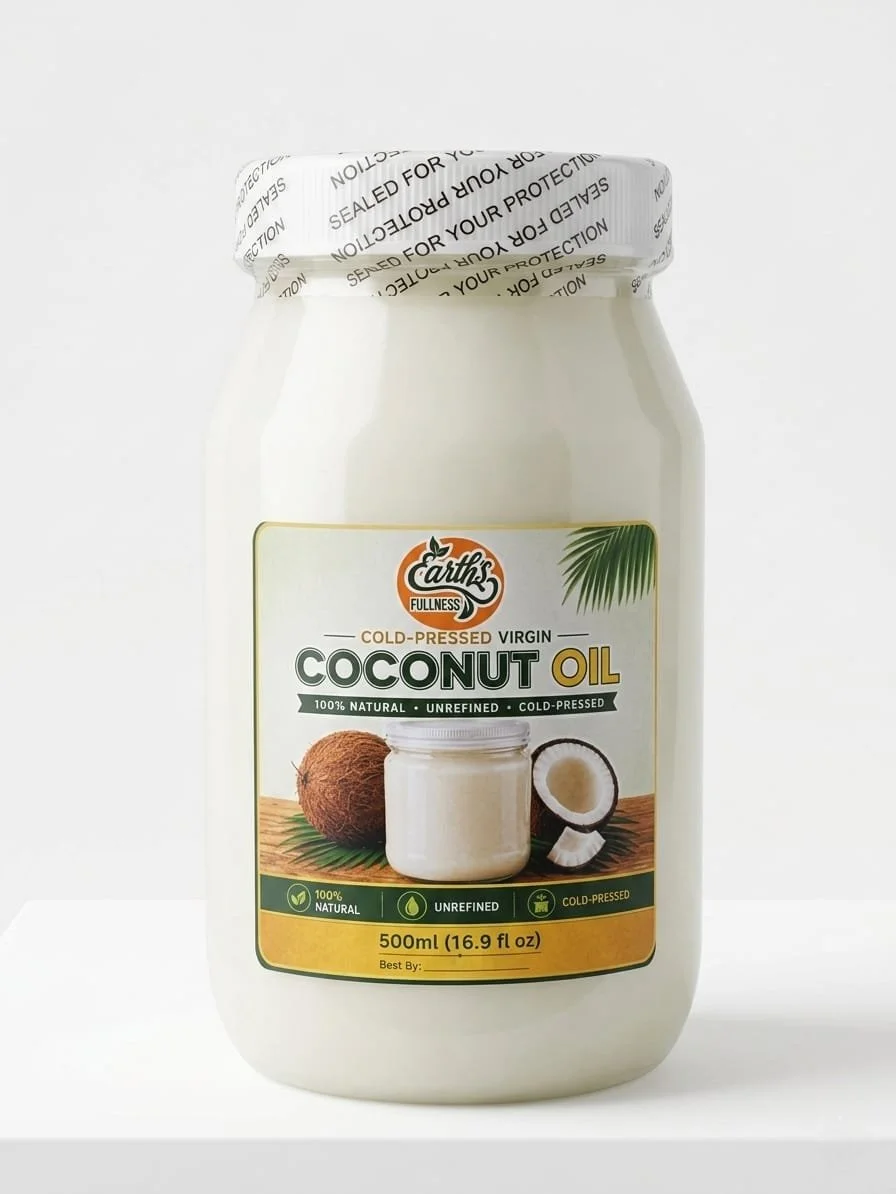 A jar of earth's fullness cold-pressed virgin coconut oil with a peeled coconut and a whole coconut on a wooden surface, against a plain white background.