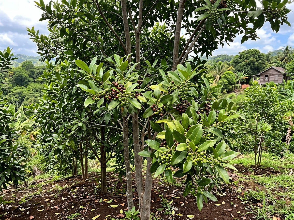 A young tree with shiny green leaves and clusters of green and dark purple berries, set in a lush garden with dense green hills, trees, and a wooden house in the background.