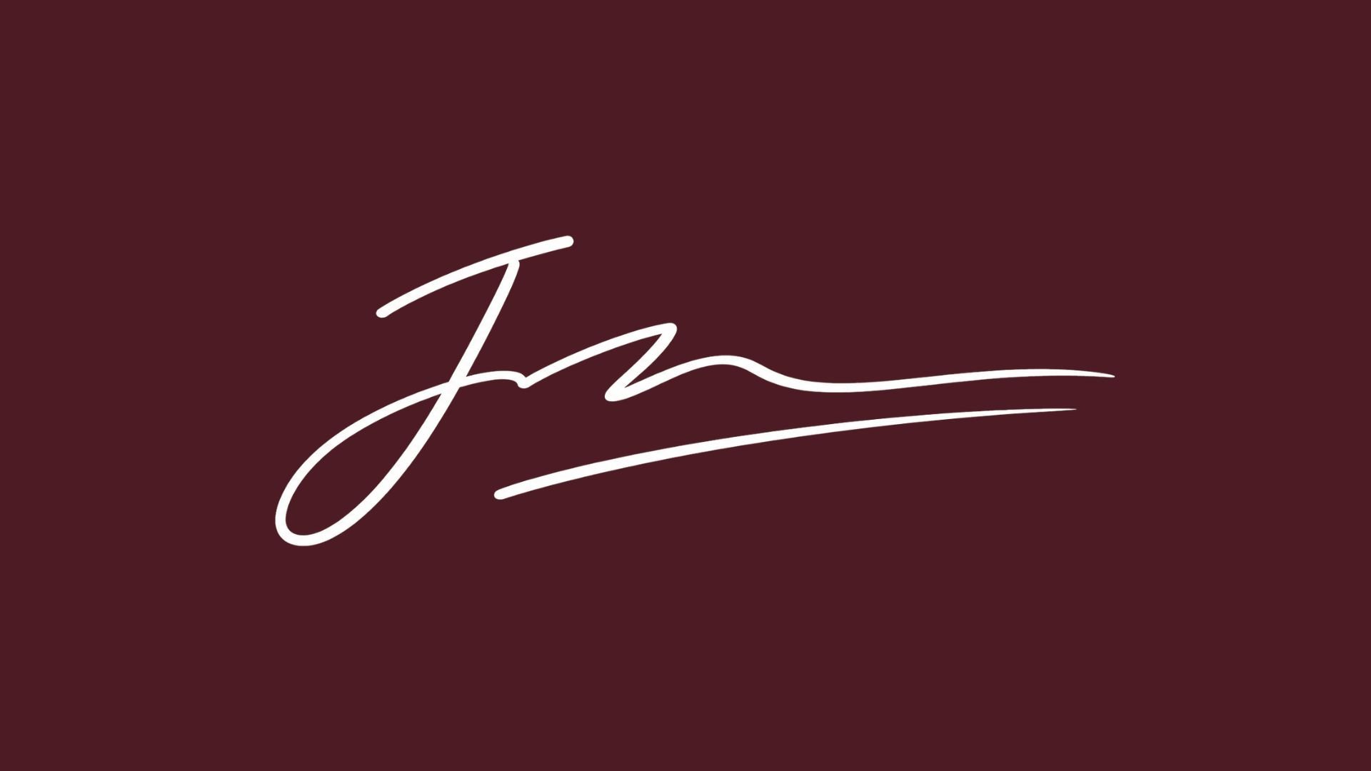 A dark maroon background with a white handwritten signature