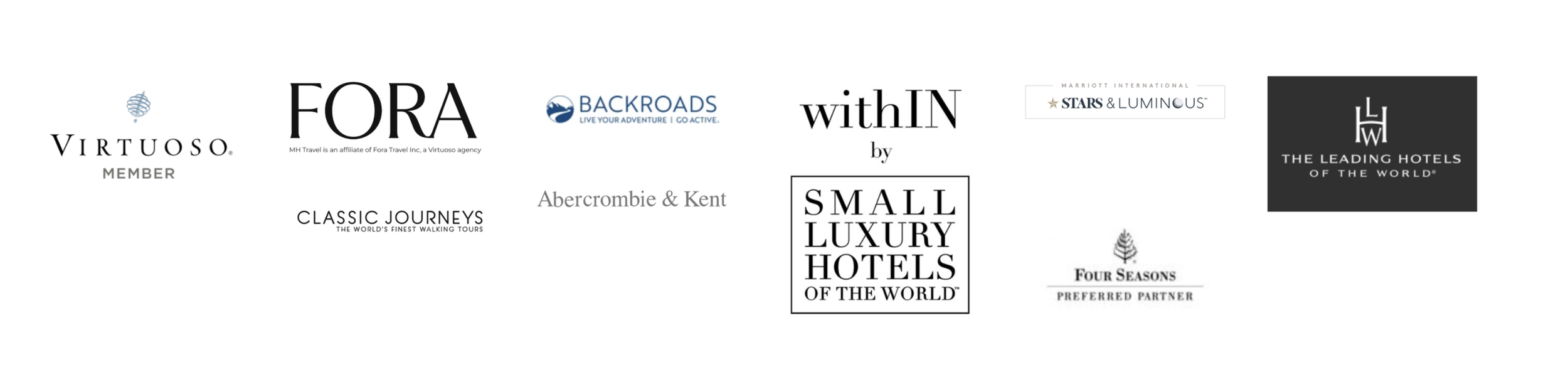 Collection of logos for Virtuoso, FORA, Backroads, withIN, Star's Luminous, The Leading Hotels of the World, Classic Journeys, Abercrombie & Kent, Small Luxury Hotels of the World, Four Seasons, and others.