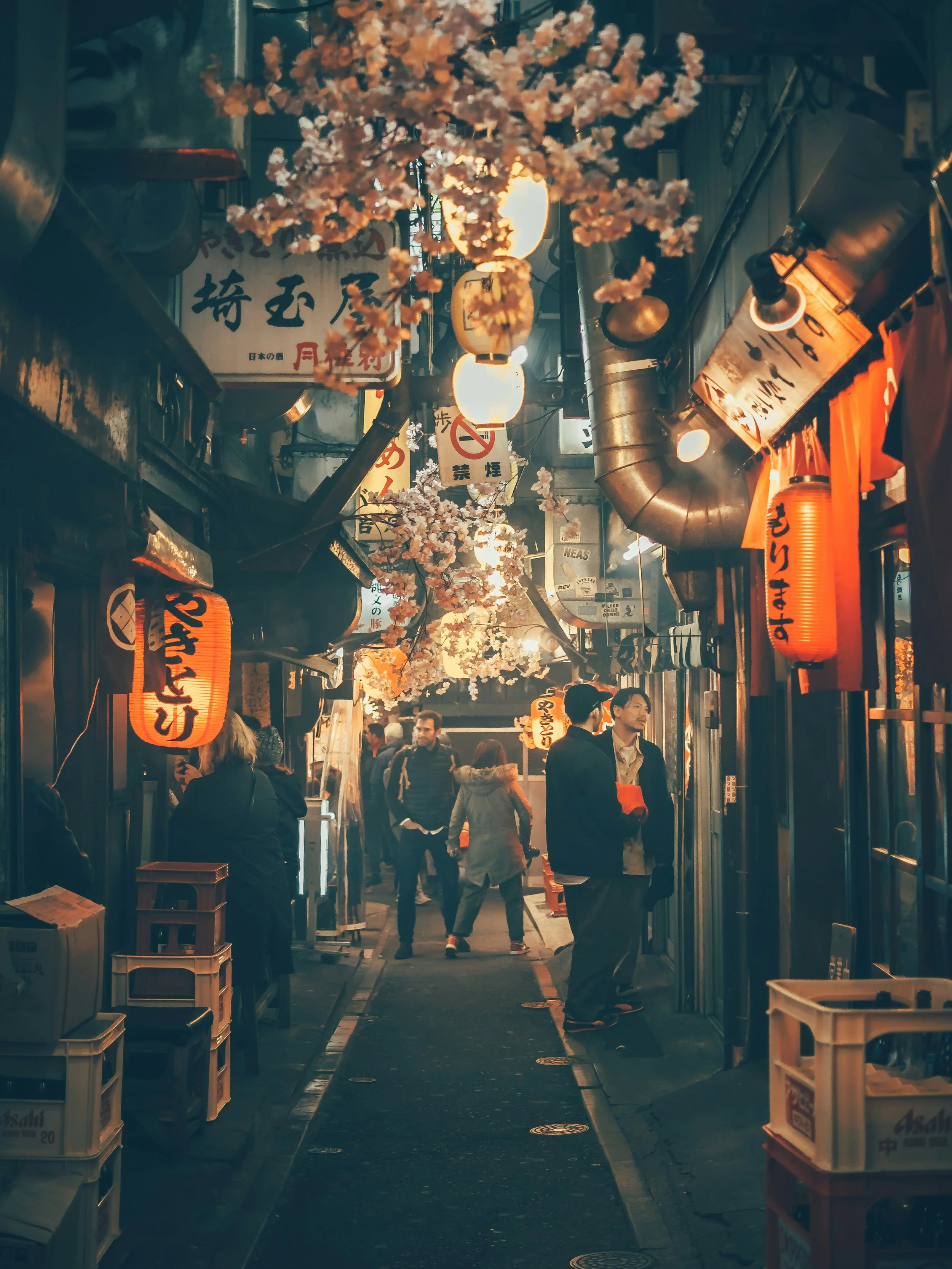 Night scene of a busy Japanese street market with hanging paper lanterns, signs with Japanese characters, cherry blossom decorations, and people walking and shopping.