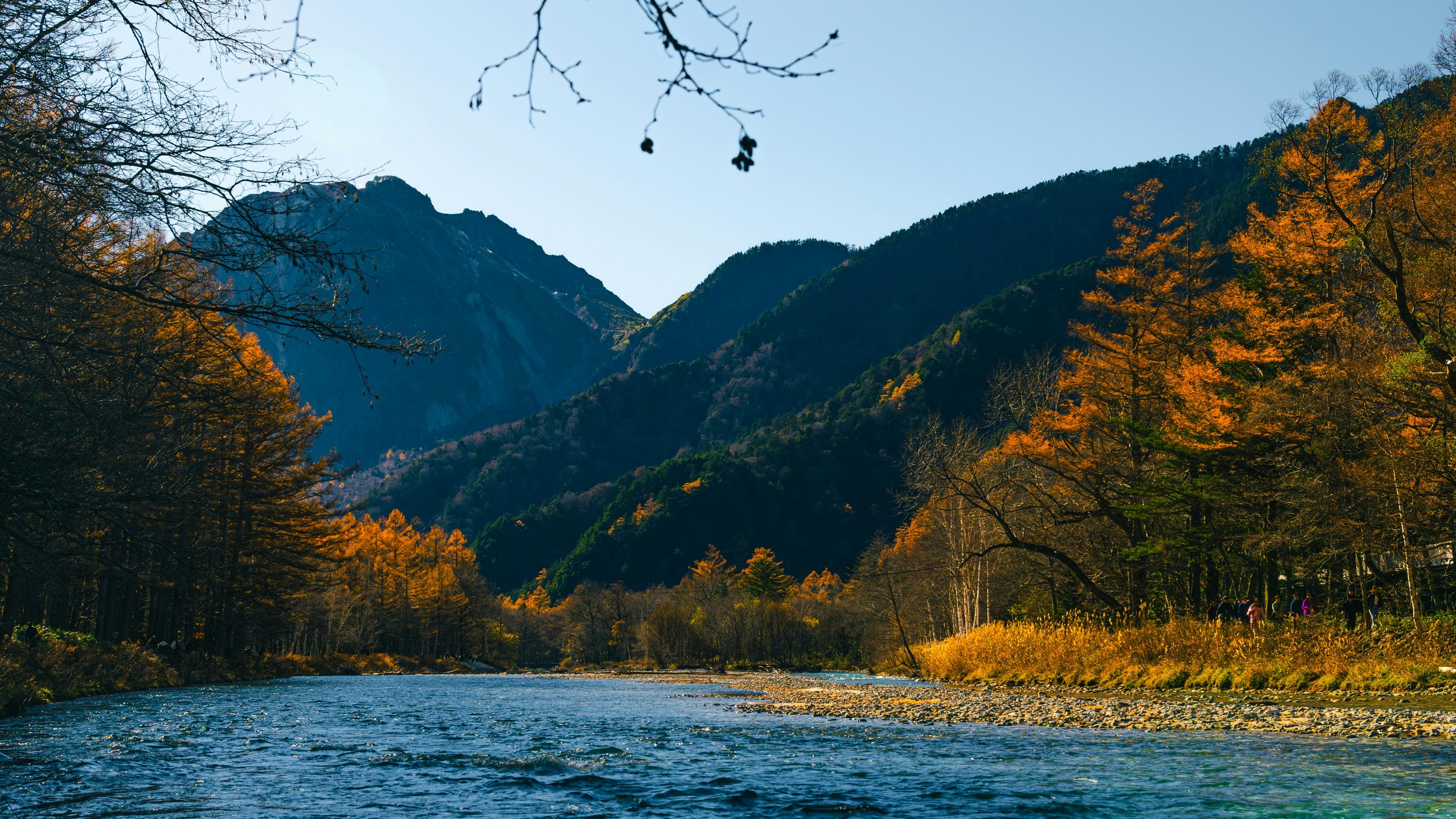 Scenic view of a river with mountains in the background, trees with autumn foliage, and a clear blue sky.