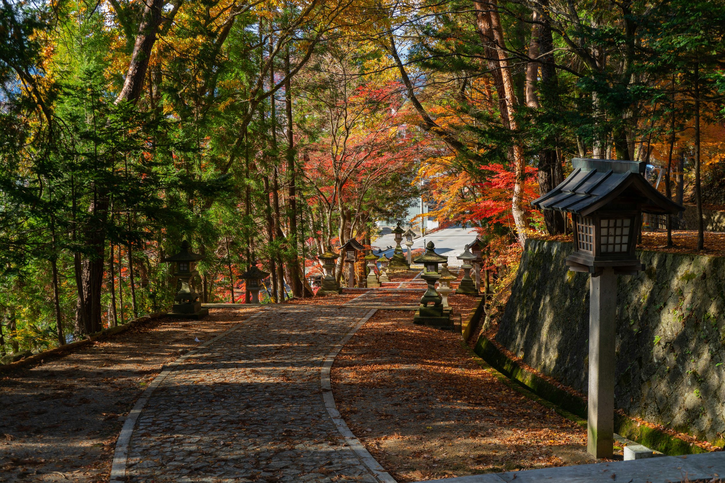 A scenic pathway in a forest with trees displaying autumn colors, traditional Japanese stone lanterns lining the pathway, and small wooden shrine structures along the rocks on the right side.
