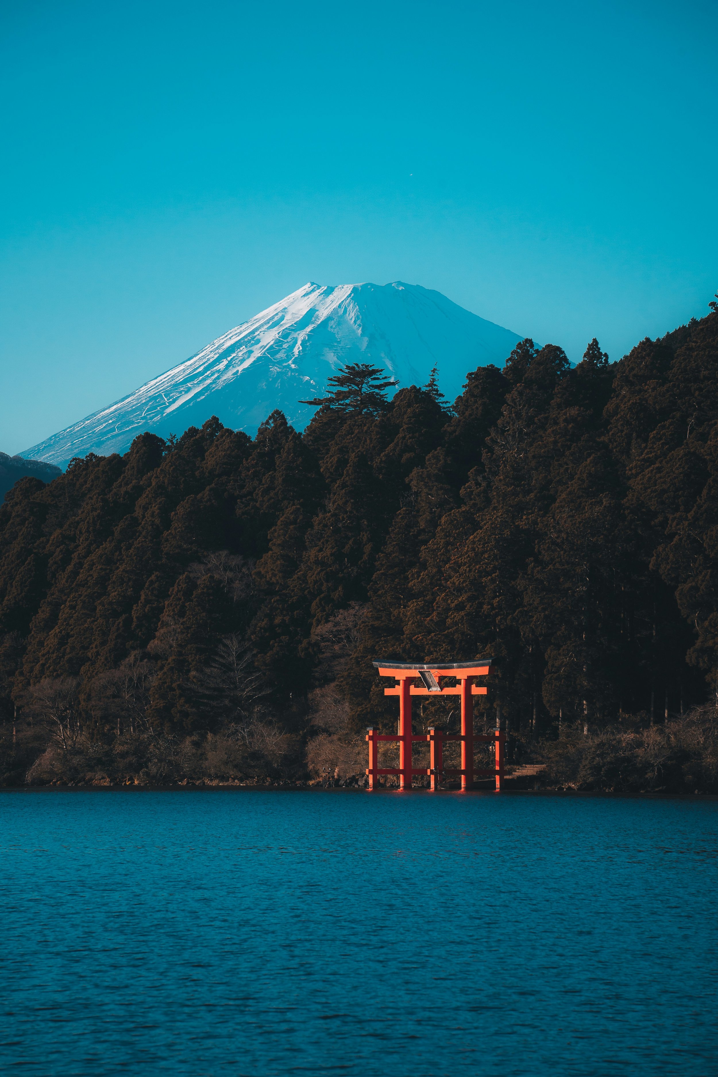 Mount Fuji with snow, forested area and a red torii gate at the water's edge in Japan, under clear blue sky.