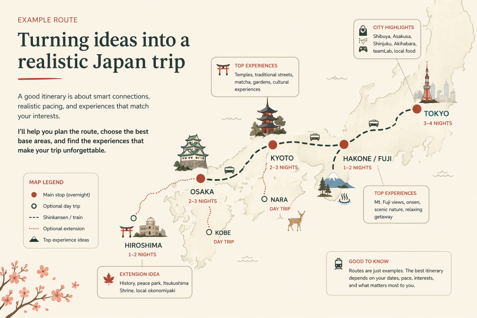 Map of Japan with travel route including Hiroshima, Osaka, Kyoto, Hakone/Fuji, and Tokyo, with icons and labels for top experiences, city highlights, travel durations, and optional extensions.