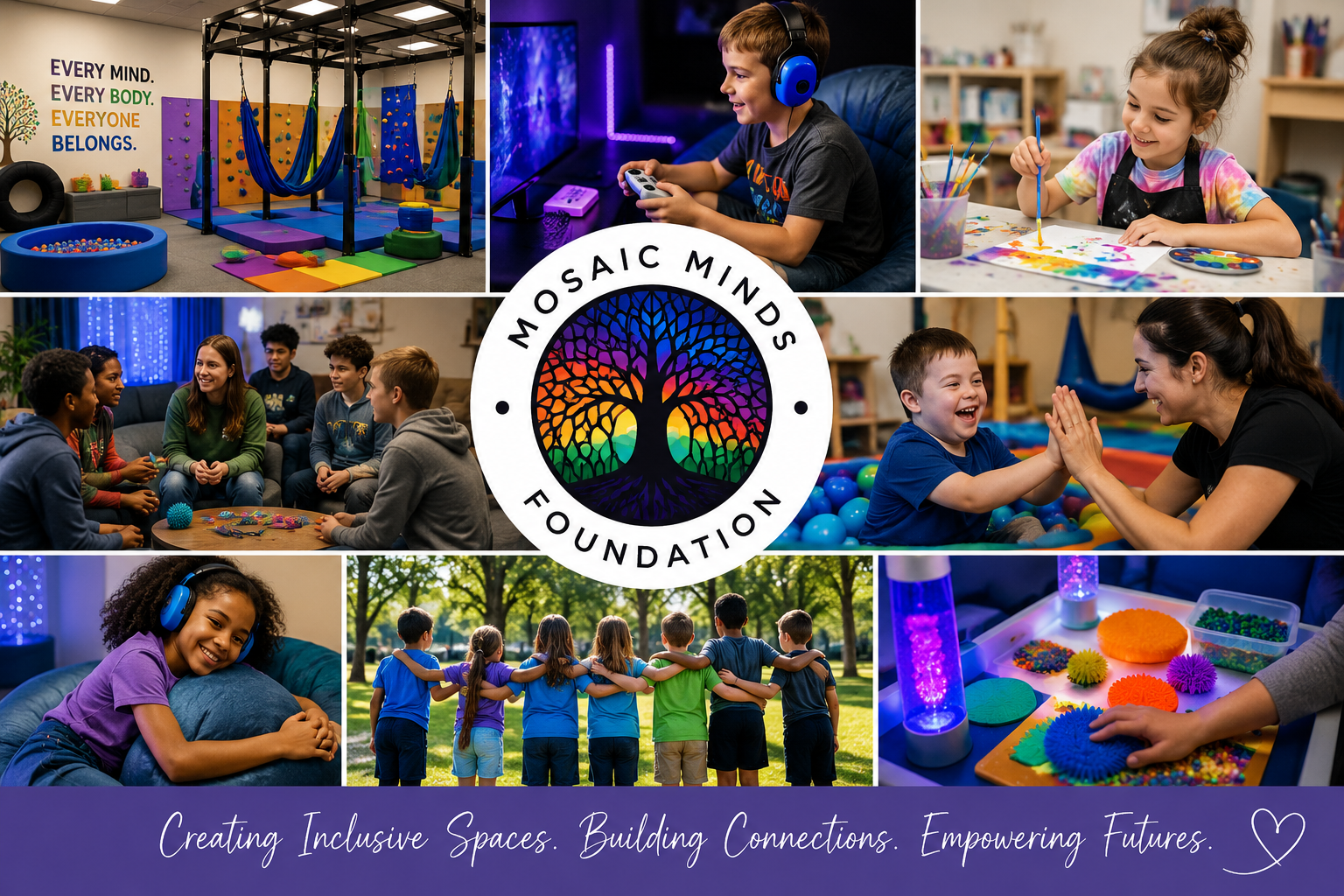 Collage of children and adults engaging in various activities, including indoor and outdoor play, group games, and art projects, with the Mosaic Minds Foundation logo in the center and the tagline "Creating Inclusive Spaces. Building Connections. Empowering Futures." at the bottom.