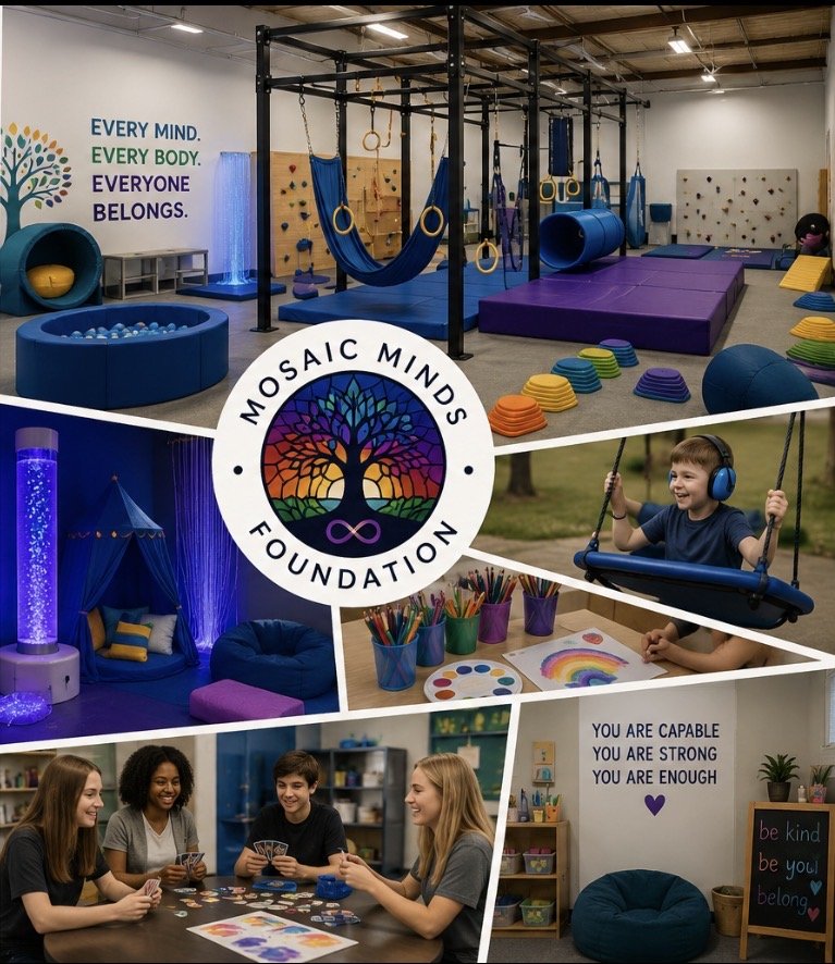 Indoor play area with a zip line, climbing wall, mats, and sensory equipment; outdoor space with a child on a swing; creative arts supplies; group of kids playing card game; walls with inspirational quotes, and a colorful boho-styled room with a canopy bed and glowing star curtain.