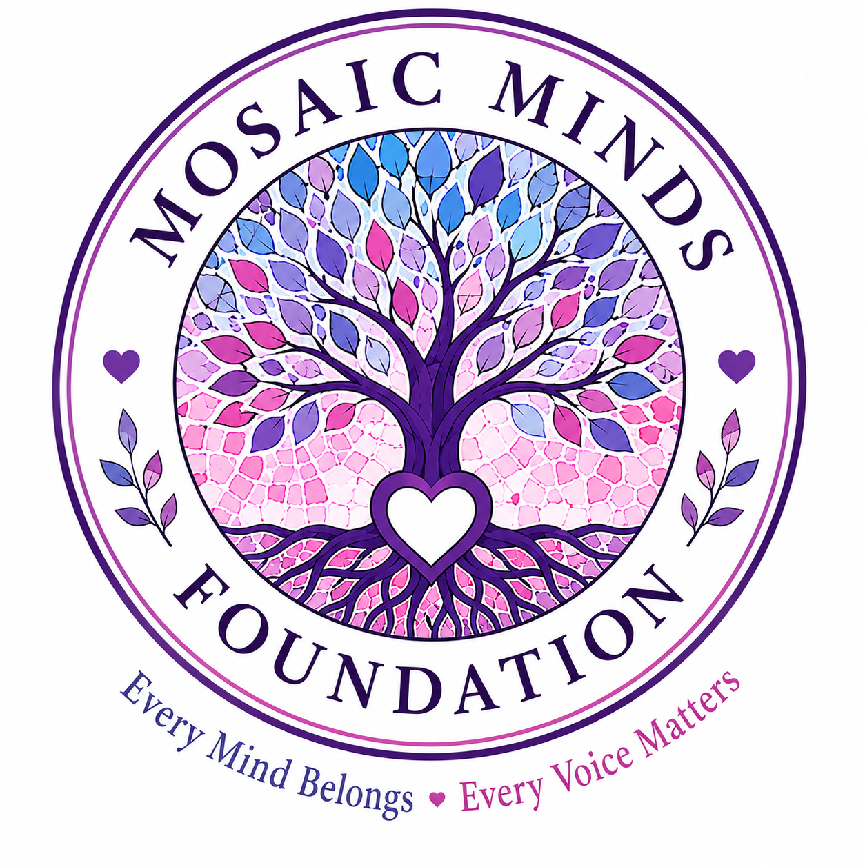 Logo of Mosaic Minds Foundation featuring a stained glass tree in shades of purple and pink with a heart at the base, surrounded by the foundation name and the slogan 'Every Mind Belongs, Every Voice Matters.'
