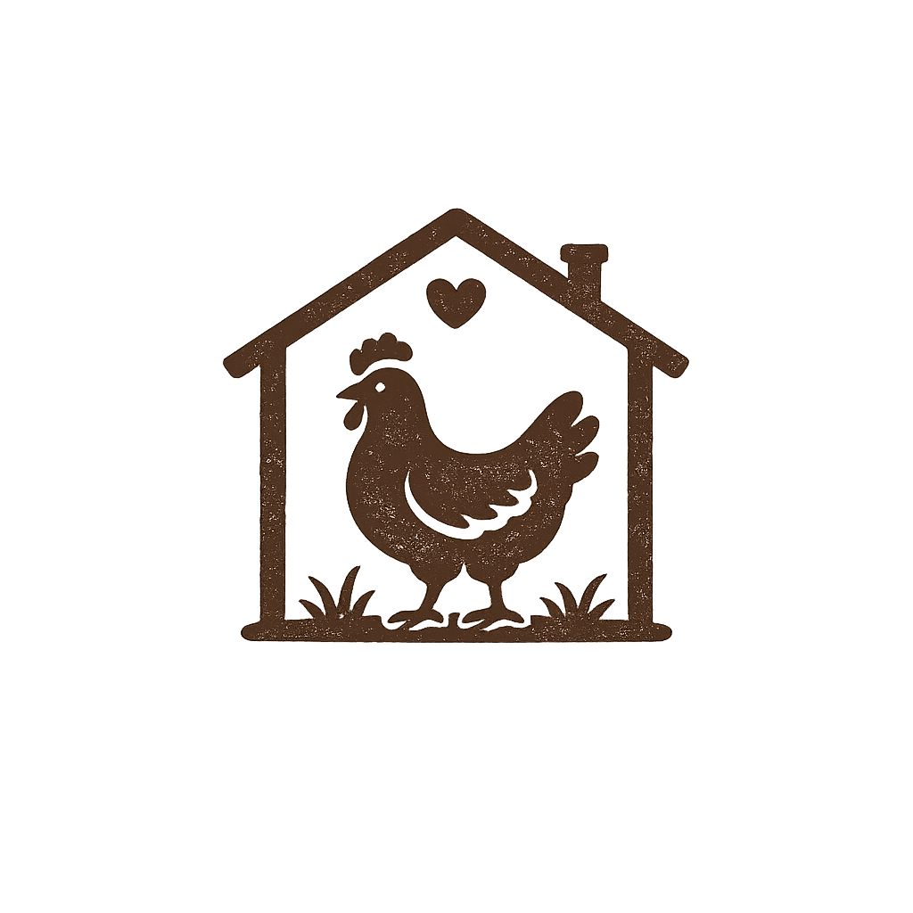 A decorative metal sign featuring a hen inside a house-shaped outline with a heart above its head.