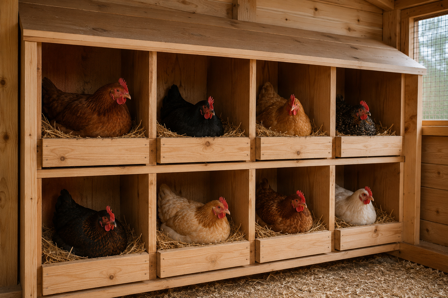 Row of eight chickens in individual wooden nesting boxes inside a chicken coop, with straw bedding and a wire window in the background.