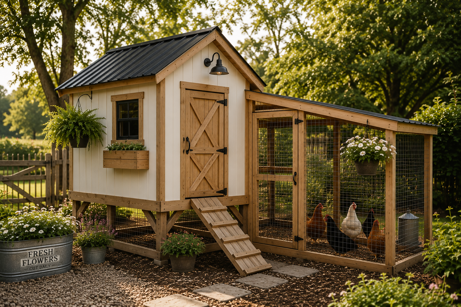 A chicken coop with a small attached run, surrounded by plants and flowers, in a garden setting with trees in the background.