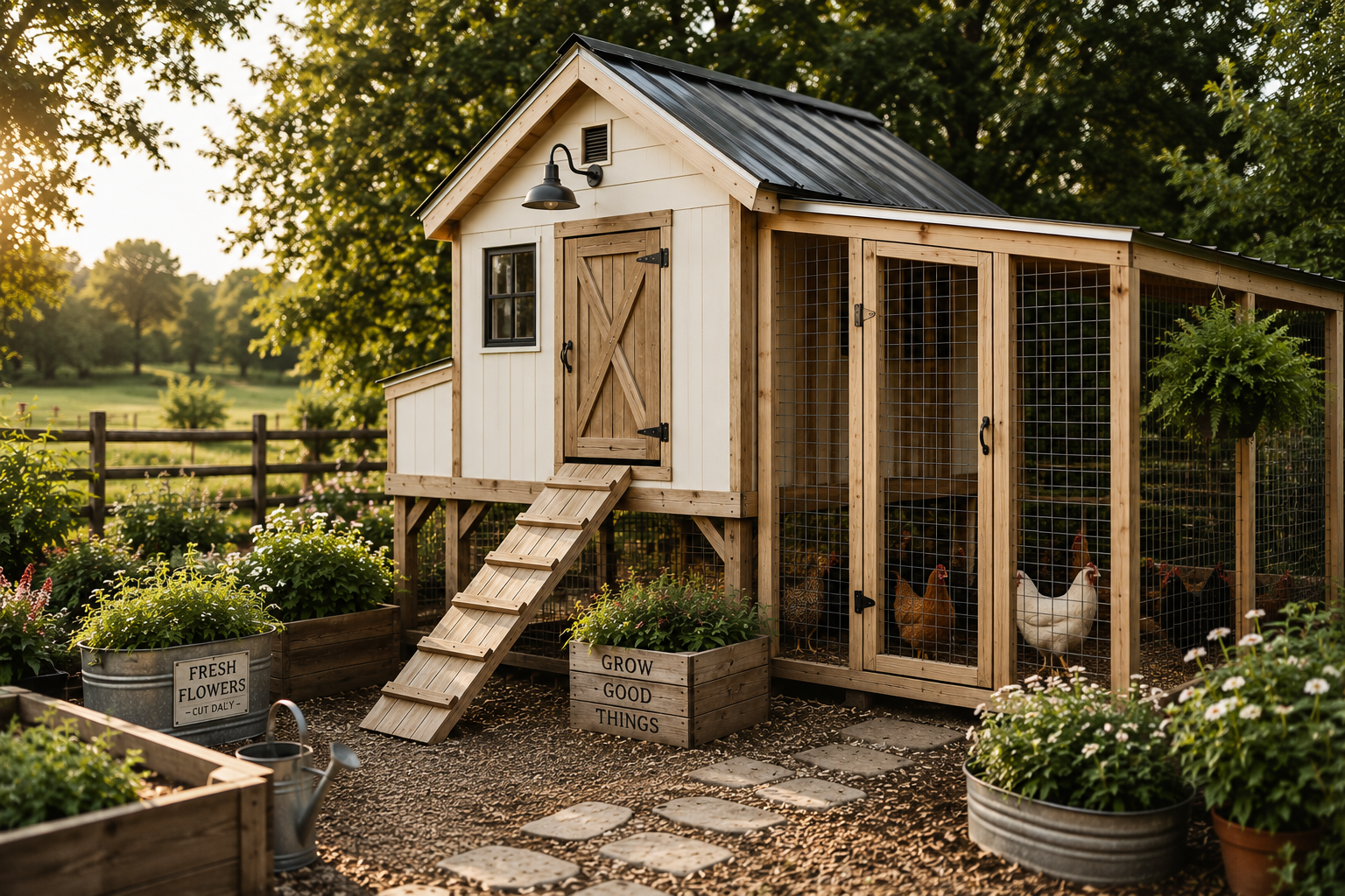 A backyard chicken coop with a small house on stilts, stairs, and a wire enclosure containing chickens, surrounded by potted plants and garden flowers, with a wooden fence and trees in the background.