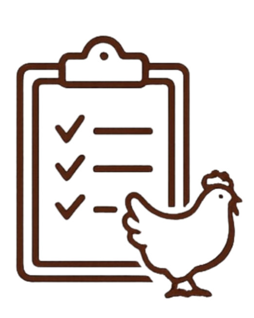 A checklist on a clipboard with three green checkmarks and blank lines, and a chicken illustration in front of the clipboard.