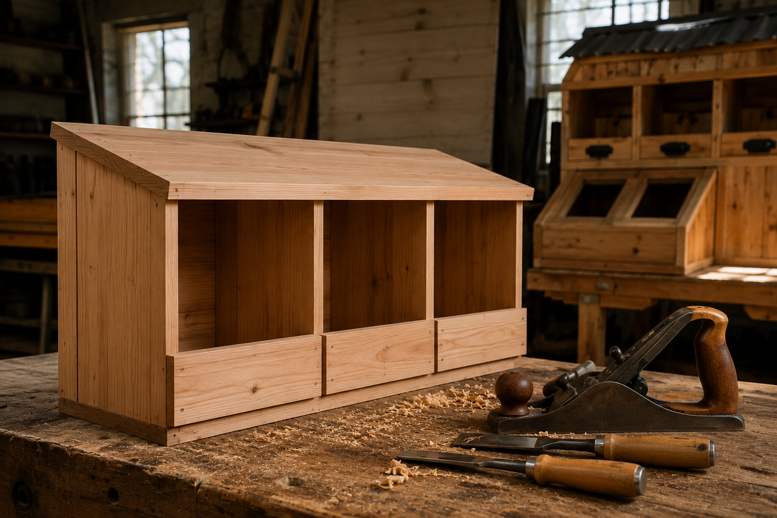 Unfinished wooden bookshelf on a workbench with woodworking tools, including a hand plane, chisels, and a wooden mallet, in a woodworking shop with wooden shelves and structures in the background.