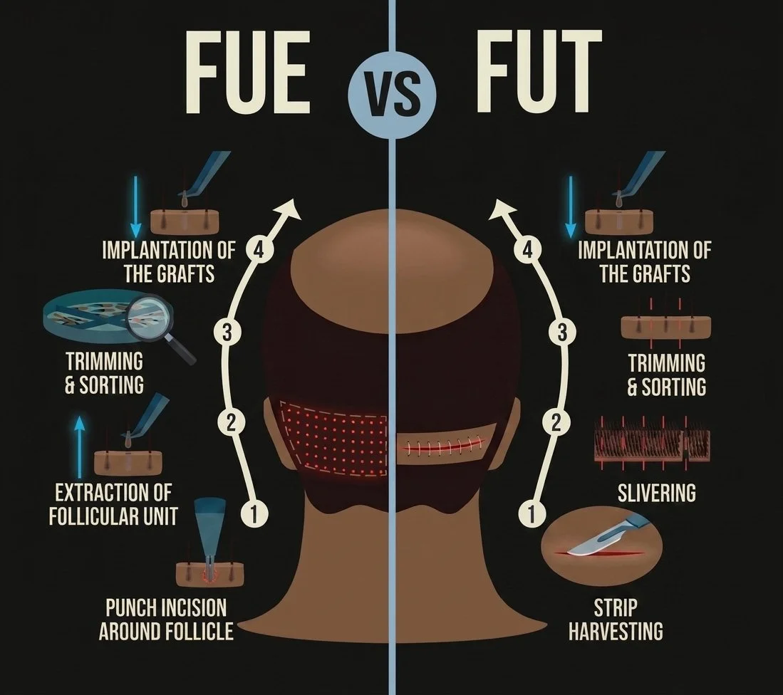 Comparison of hair follicle transplantation methods 'FUE' and 'FUT' showing step-by-step procedures for each method.