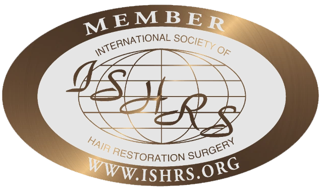 Oval emblem for the International Society of Hair Restoration Surgery (ISHRS), featuring a globe in the center, the organization's name, and website URL www.ishrs.org.