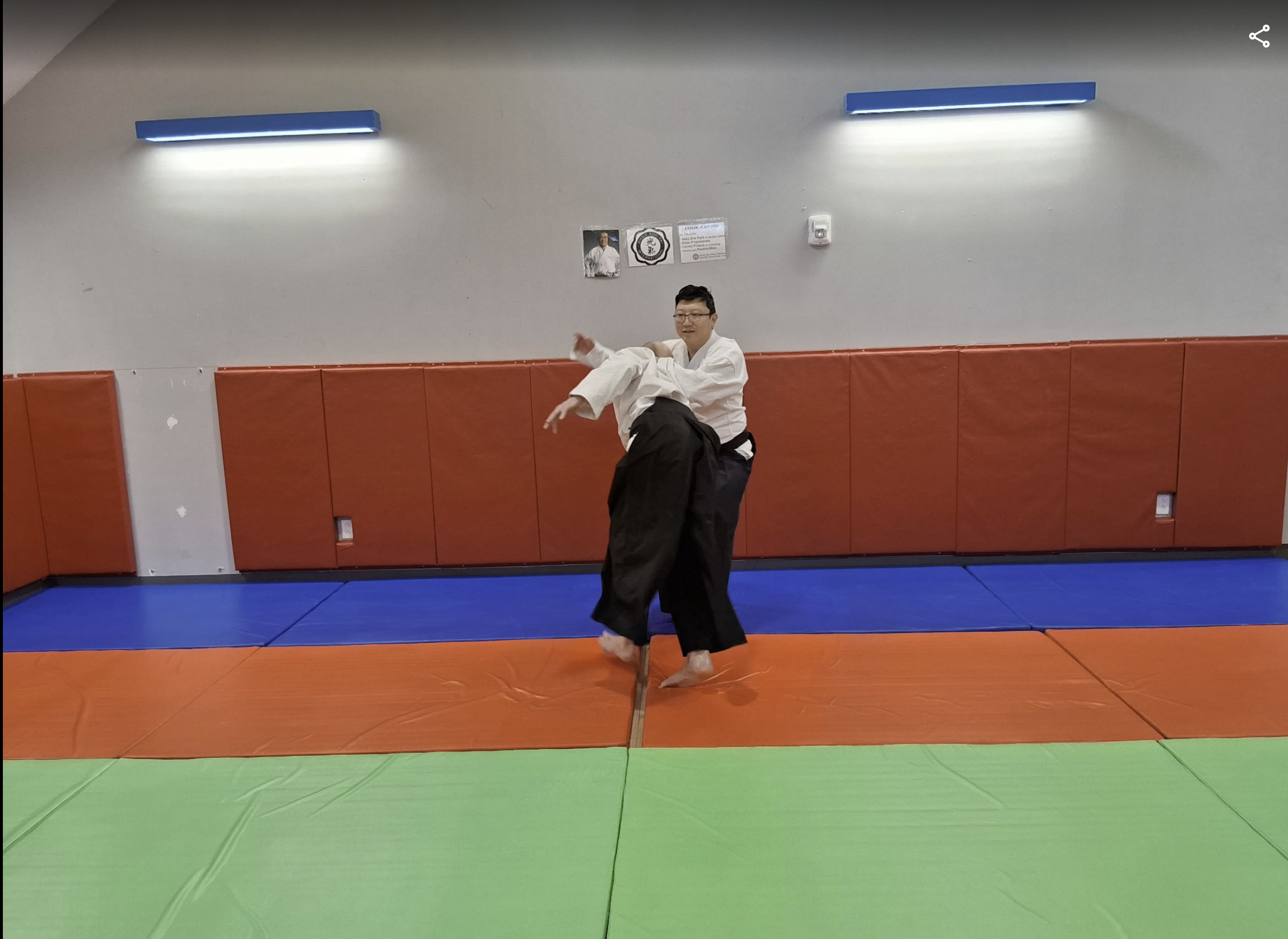 Two martial artists practicing judo or jiu-jitsu on a colorful mat in a gym, with one person executing a technique on the other. The gym has padded walls, posters, and blue wall-mounted lights.