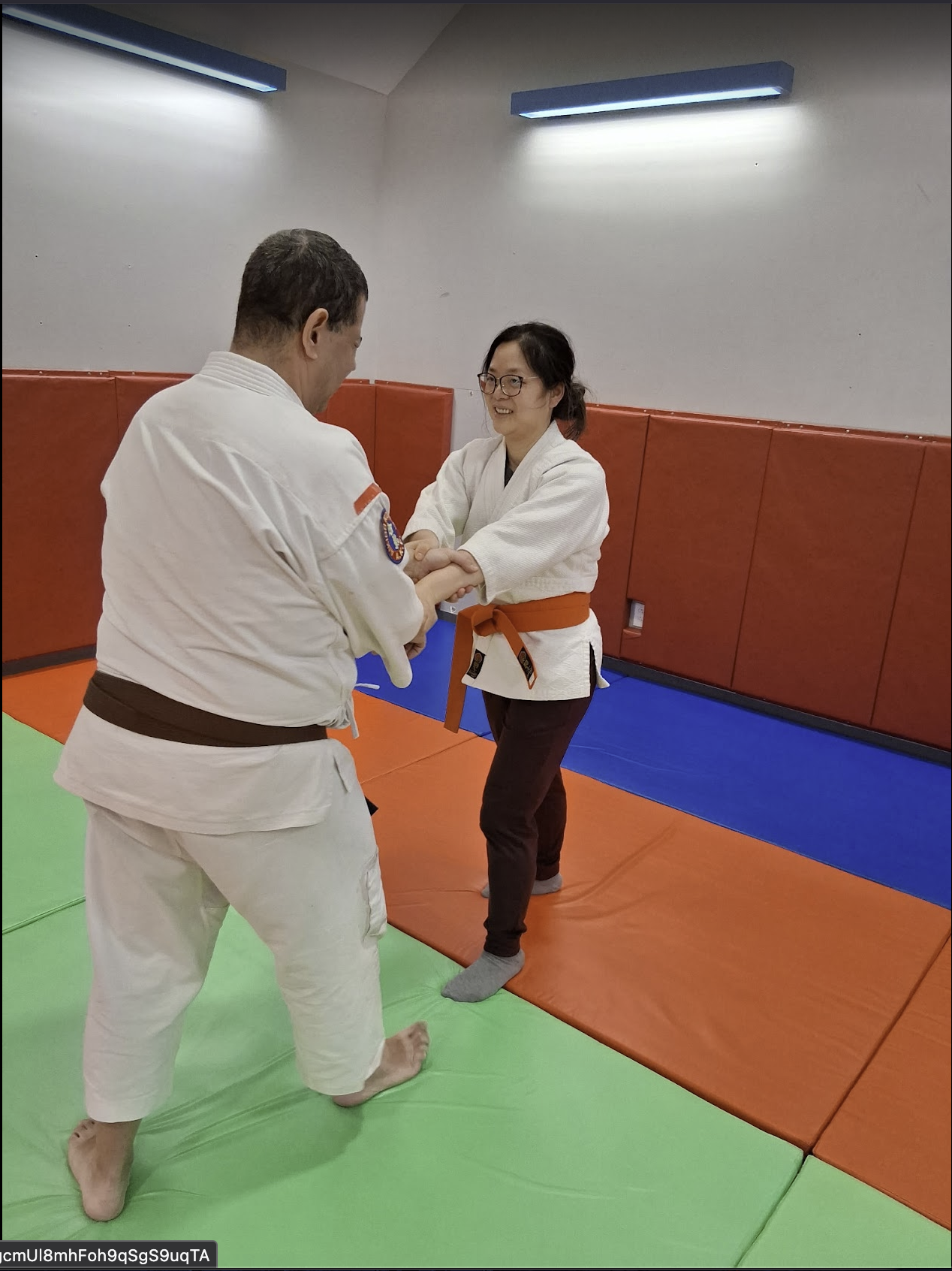 Two martial artists, a man and a woman, practicing judo or Brazilian jiu-jitsu in a dojo with colorful mats. The woman is wearing a white gi with an orange belt and glasses, while the man is wearing a white gi with a brown belt.