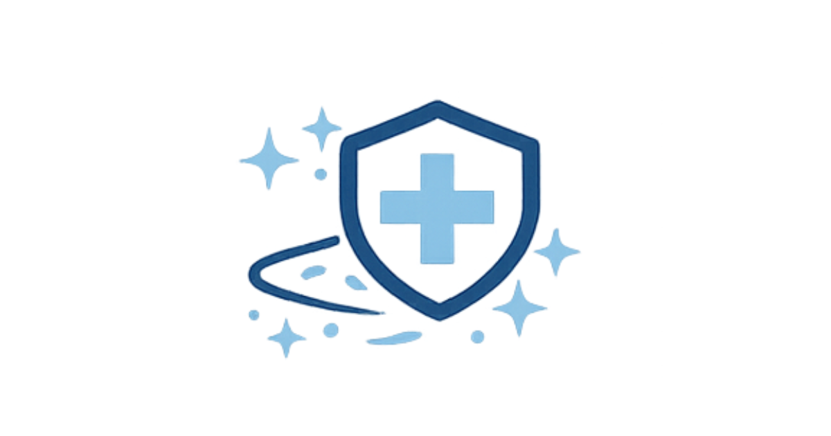 A shield with a medical cross in the center surrounded by sparkles and swirling lines, symbolizing protection and health.